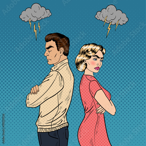 Family Quarrel - Unhappy Young Couple Standing Arms Crossed Back to Back. Pop Art Vector illustration