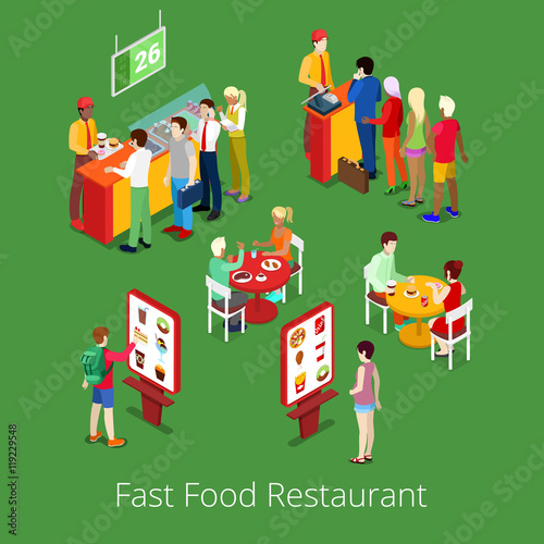 Isometric Fast Food Restaurant Interior with Self-Service Terminal. Vector illustration