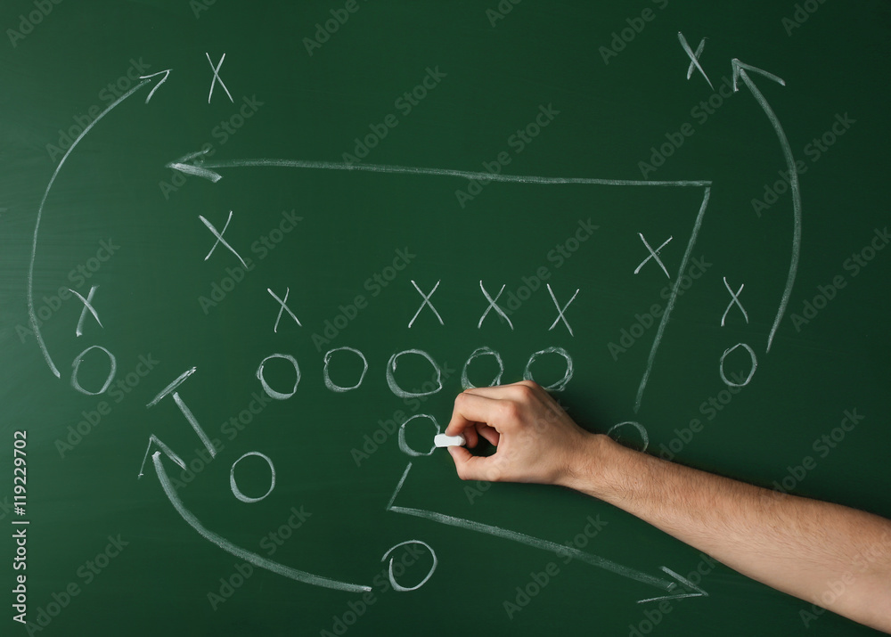 American football game strategy written with chalk on blackboard