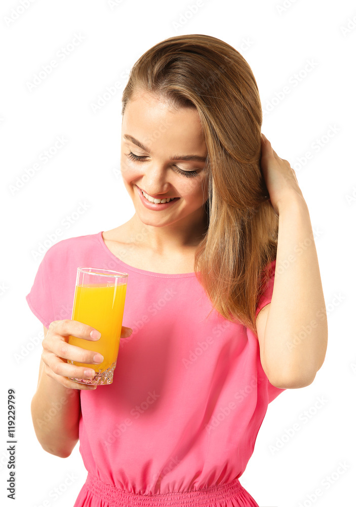 Young beautiful woman with a glass of fresh juice isolated on white Young beautiful woman with a glass of fresh juice isolated on white