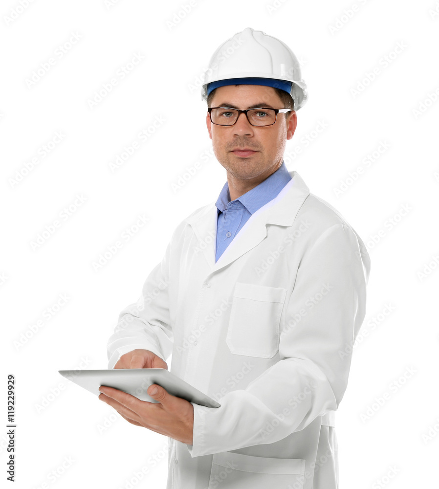 Construction worker with tablet, isolated on white Construction worker with tablet, isolated on white