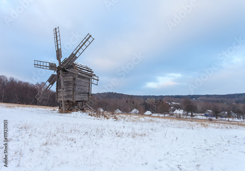 Obraz na płótnie Traditional wooden ukrainian windmill in winter