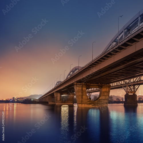 Railway bridge in Kiev at night. Ukraine. © beerlogoff