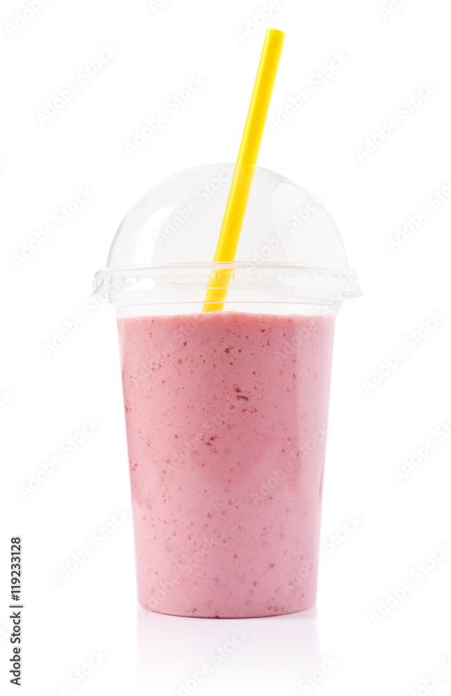 Strawberry smoothie in plastic transparent cup Strawberry smoothie in plastic transparent cup
