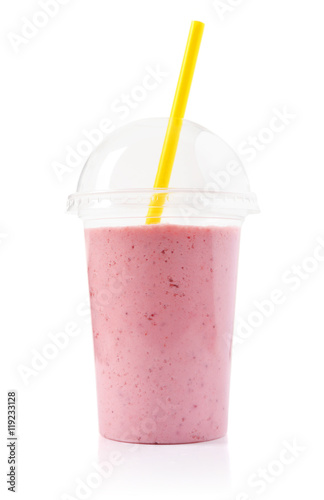 Strawberry smoothie in plastic transparent cup