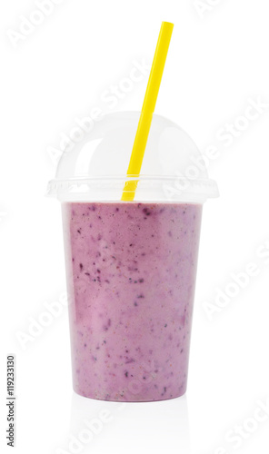Blackberry smoothie in plastic transparent cup
