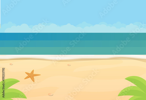 Sunny tropical beach, ocean, flat vector background