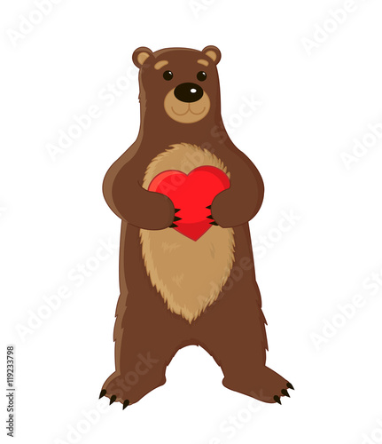 Cute big brown bear standing on its hind legs and keeps the heart  love card template  zoo mascot. Freehand drawing illustration