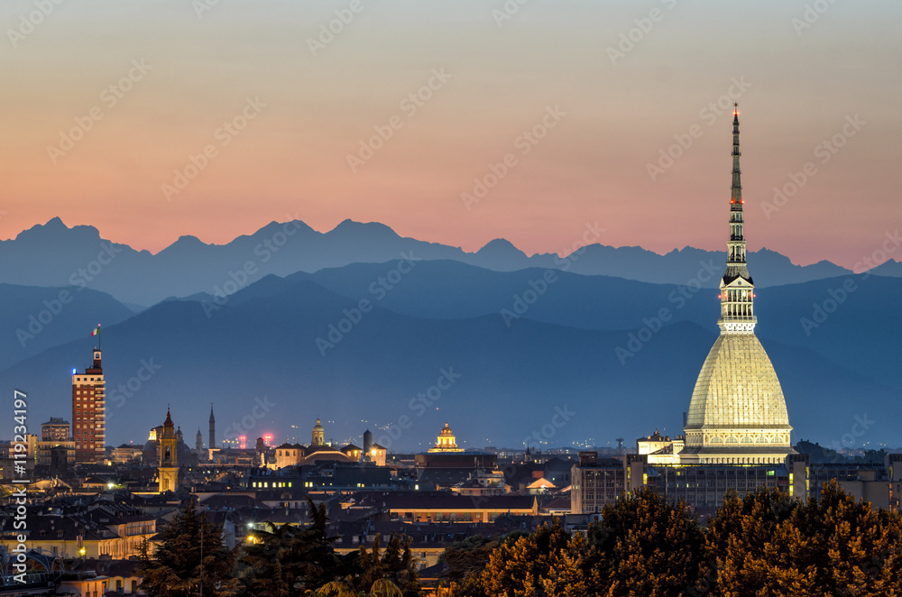Torino panorama with the Mole Antonelliana at twilight