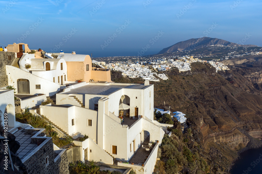 Amazing Panorama to town of Fira and Prophet Elias peak, Santorini island, Thira, Cyclades, Greece