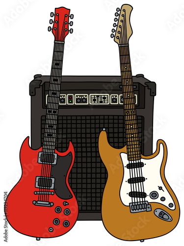 Hand drawing of two electric guitars and the combo