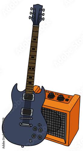Hand drawing of a dark blue electric guitar and the orange combo