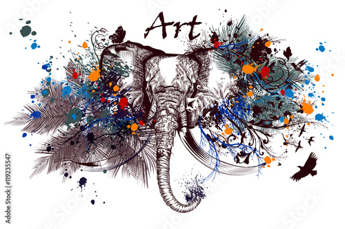 Illustration with elephant, flourishes, ink spots and butterflie
