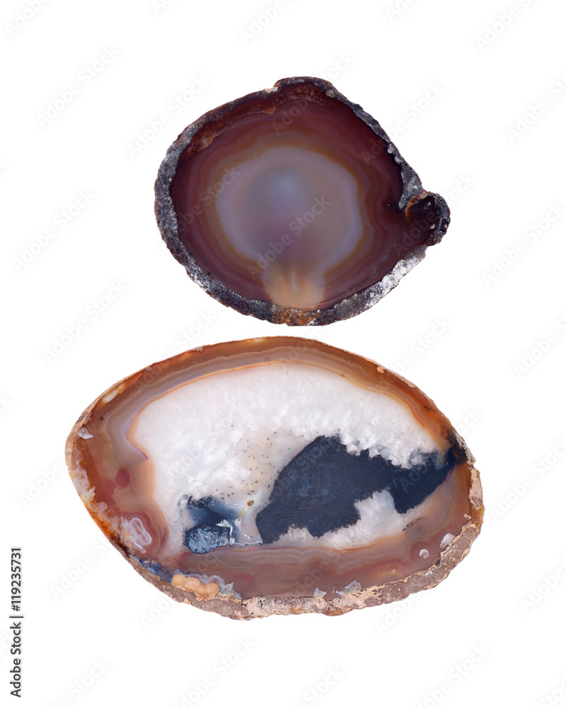 Polished colorful agate stones separated on white background