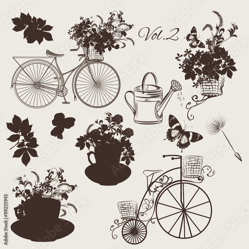 Set of vector engraved bicycles and garden flowers for design