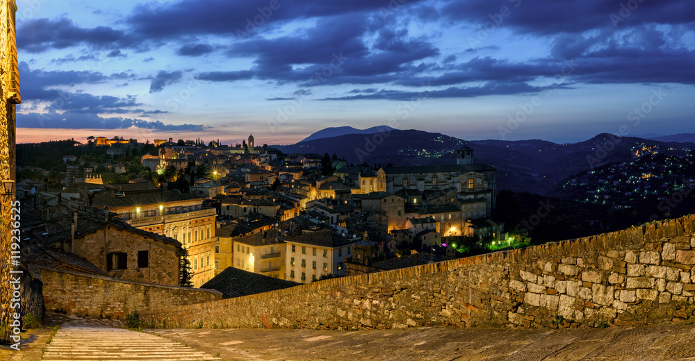 Perugia (Umbria) panorama from Porta Sole at twilight