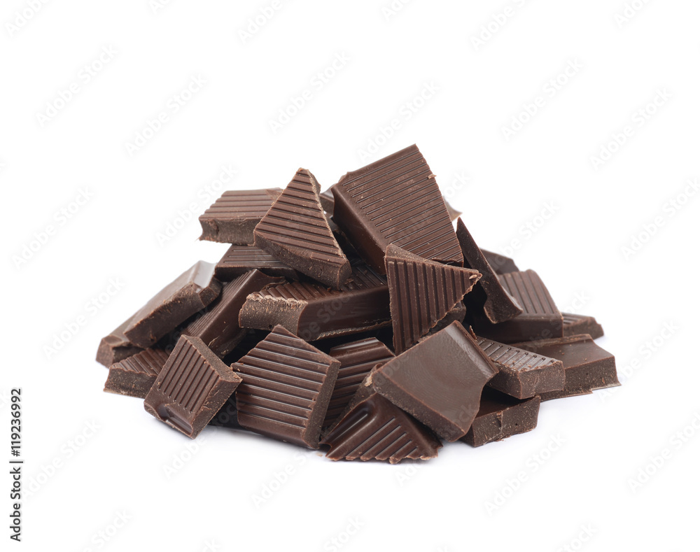 Pile of chocolate bar pieces isolated Pile of chocolate bar pieces isolated