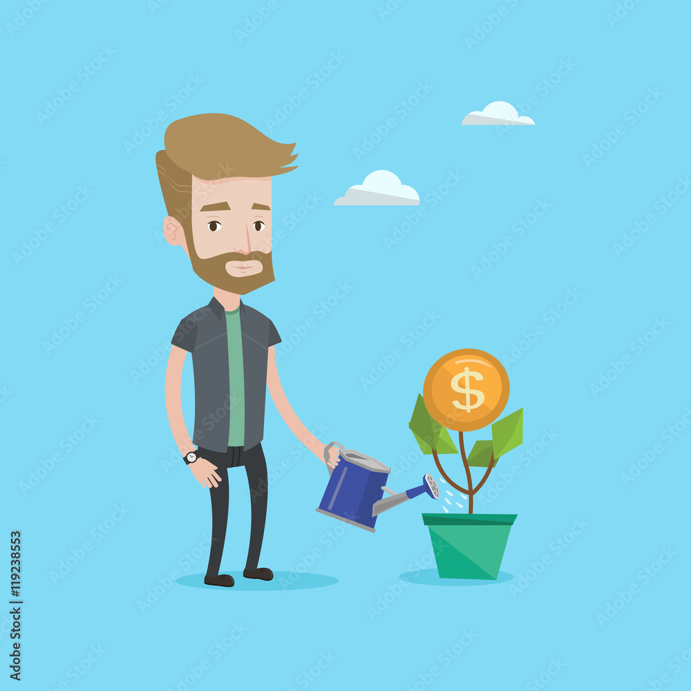 Man watering money flower vector illustration.