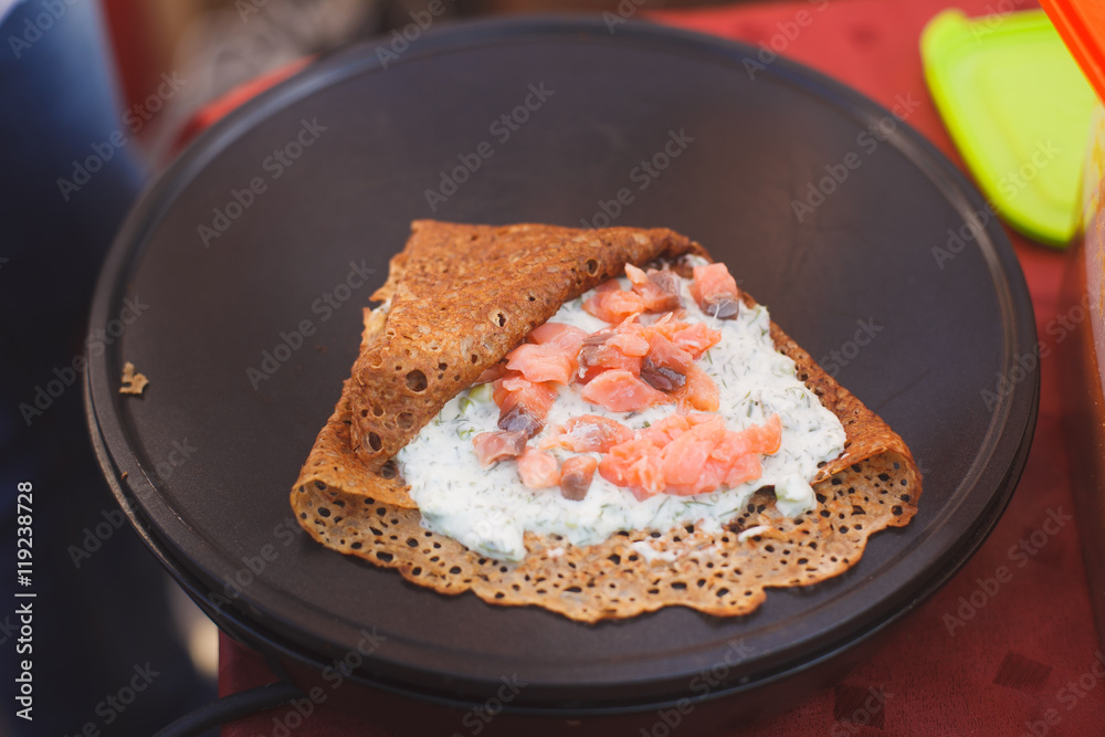 preparation of delicious pancakes with sauce preparation of delicious pancakes with sauce