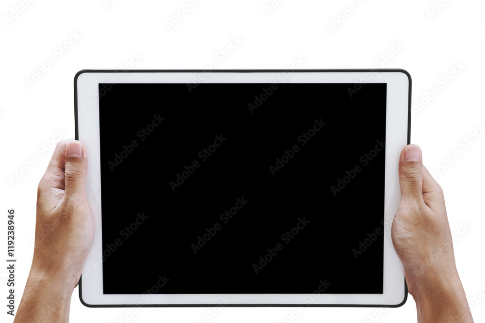 Hand holding digital tablet, with copy space on screen, isolated on white background Hand holding digital tablet, with copy space on screen, isolated on white background