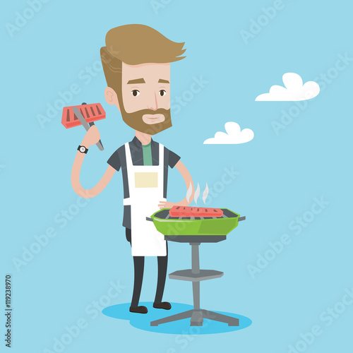 Man cooking meat on barbecue grill.