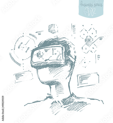 Man wearing virtual reality goggles drawn vector.