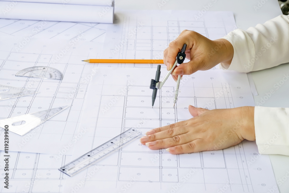 Close up Architect working on blueprint. Architects workplace , Close up Architect working on blueprint. Architects workplace ,