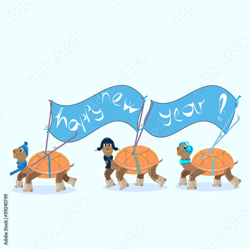 turtles with skis carry the banner happy new year