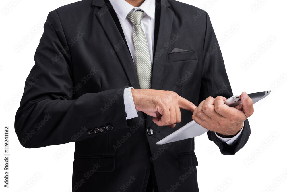 Yong businessman holding digital tablet computer showing screen Yong businessman holding digital tablet computer showing screen