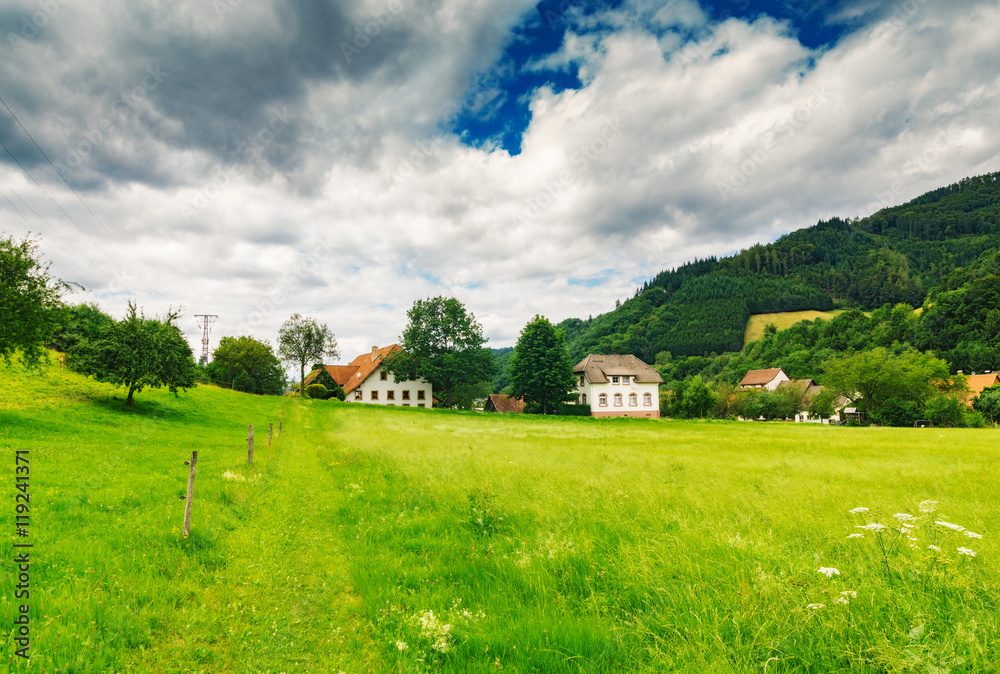 Scenic summer landscape: green valley with forests, fields and old houses in Germany, Black Forest