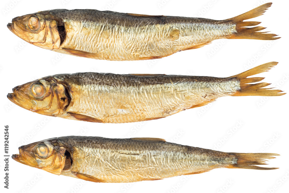 Smoked fish isolated on white background.