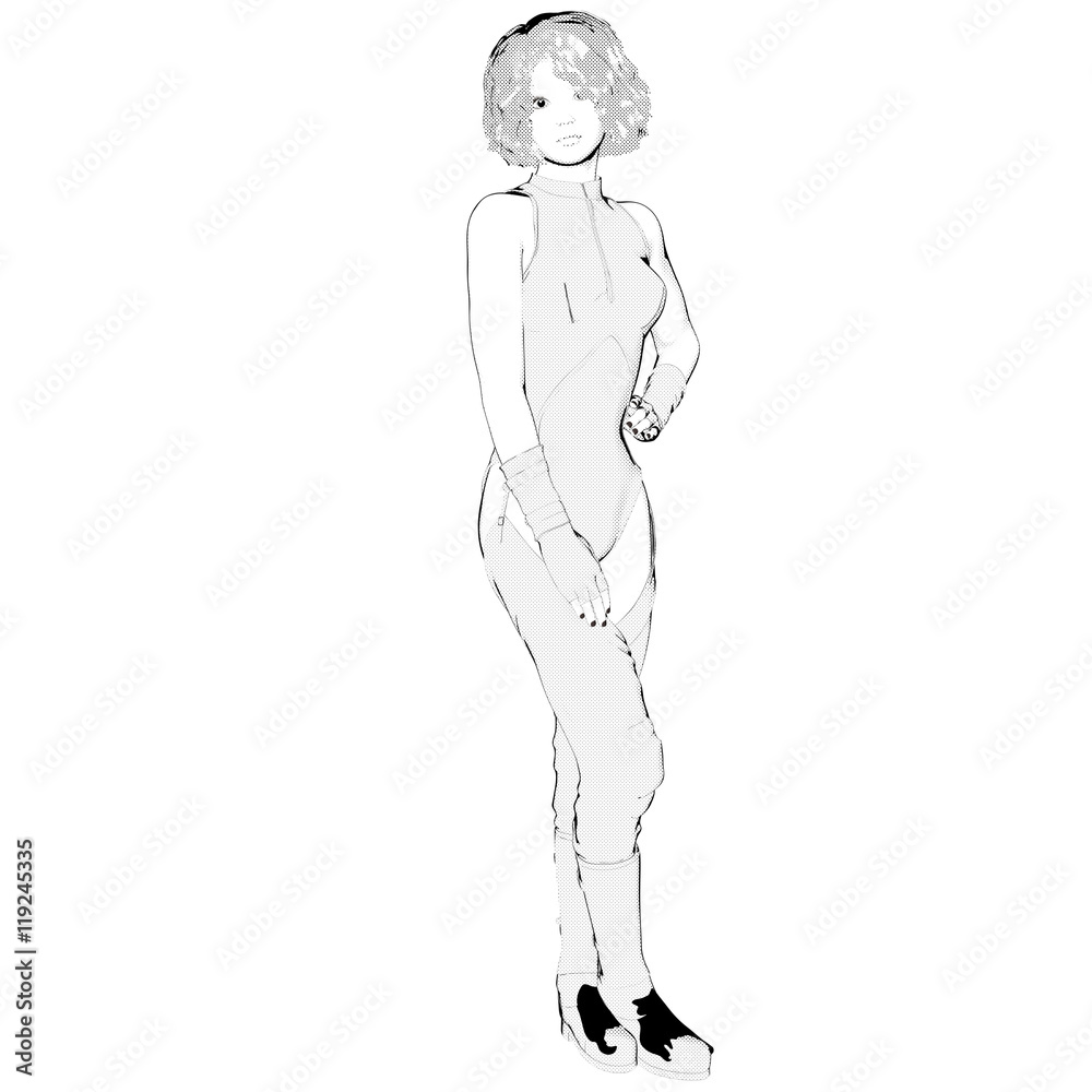 One young girl drawn in anime style. She is flirty and bending the right leg and posing