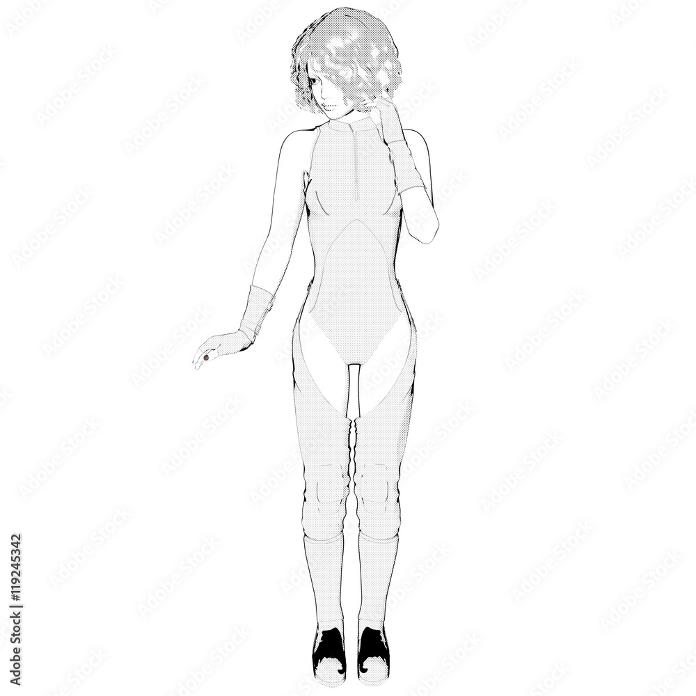 One young girl drawn in anime style. She is looking straight to the camera and turning and lowering the head to the right One young girl drawn in anime style. She is looking straight to the camera and turning and lowering the head to the right