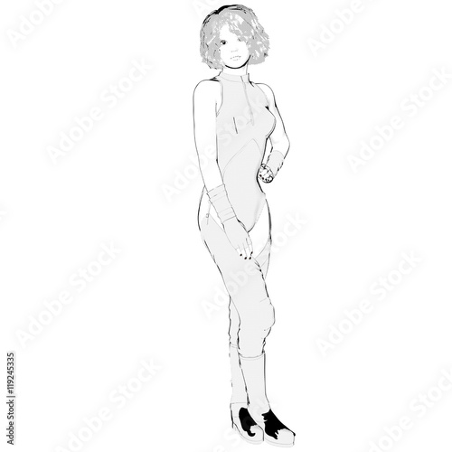 One young girl drawn in anime style. She is flirty and bending the right leg and posing