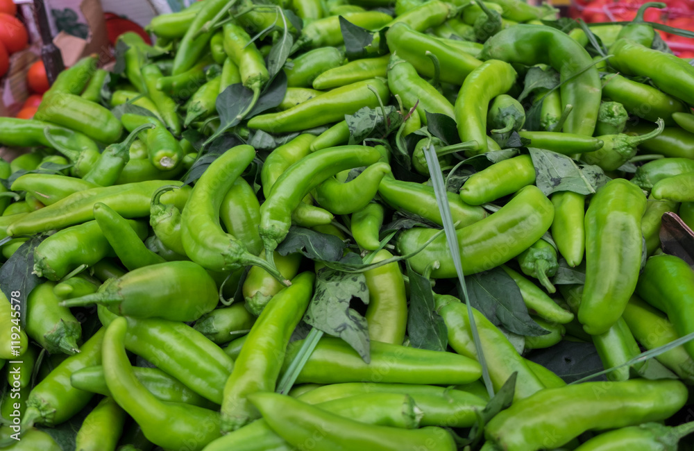 Hot green chilli peppers at farmers market