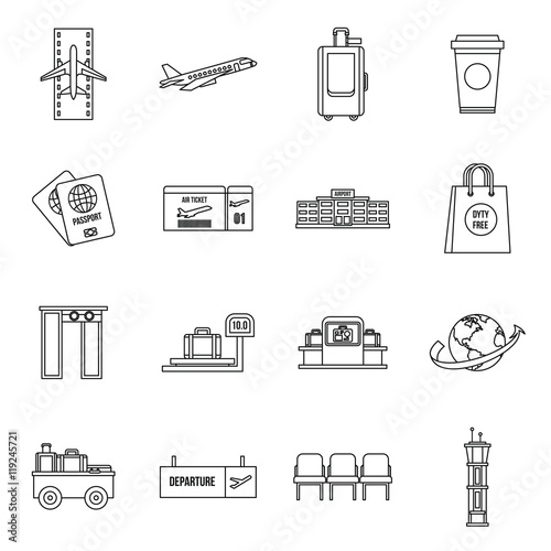 Airport icons set in outline style. Universal airport and air travel set collection vector illustration