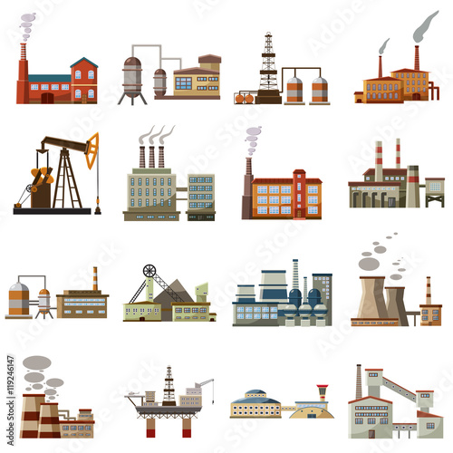 Factory icons set in cartoon style. Industrial building set collection vector illustration