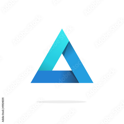 Triangle logo with strict strong corners vector isolated on white background, blue prism pyramid geometric 3d gradient glossy abstract triangle logotype element with shadow creative figure design photo