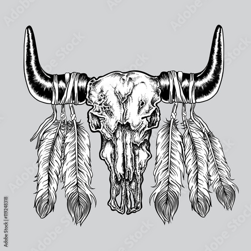 Hand drawn dot work tattoo buffalo skull with feathers. 