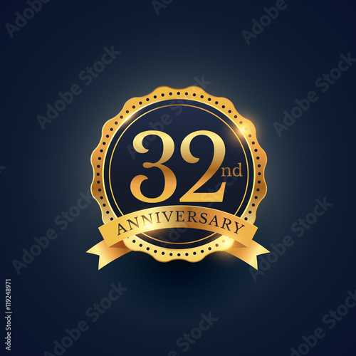 32nd anniversary celebration badge label in golden color