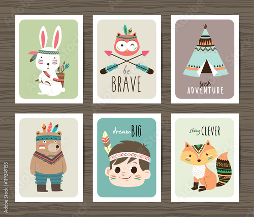 Set of creative cards templates with tribal cartoon animals and quotes