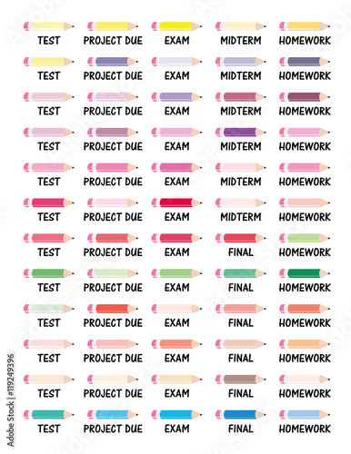 Back to school pencils,with writings underneath such as homework,project due,school,test,exam and other functional writings for school.