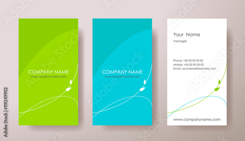 Set of vertical abstract business cards with plant on grey background. 