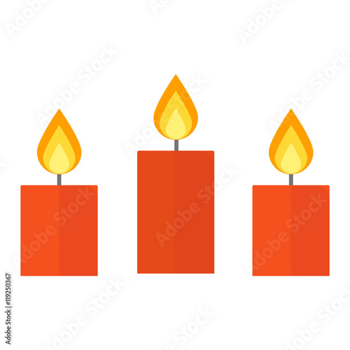 Vector candle flat style light flame christmas candlelight wax decoration. Celebration glowing religion candles birthday traditional decoration. Romance night or birthday party bright flame
