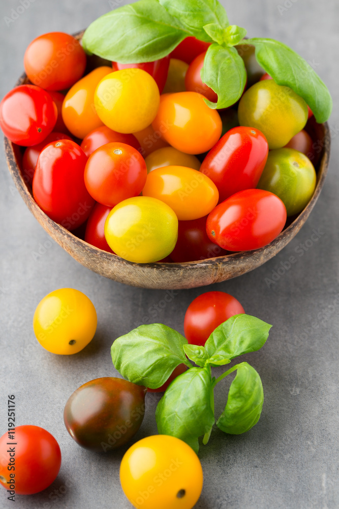 Tomatoes an gray background. Colorful tomatoes, red tomatoes, ye Tomatoes an gray background. Colorful tomatoes, red tomatoes, ye