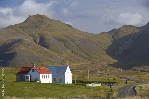An Icelandic farmhouse and church on the Snaefellsnes Peninsula in SW Iceland.