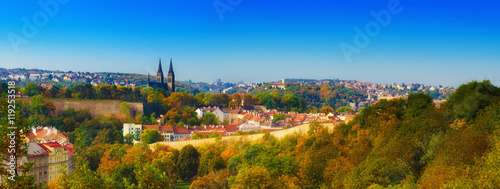 View to the Vysegrad in Prague, Czech Republic at autumn with cathedral and red roofs, travel seasonal background - panoramic image © Roxana