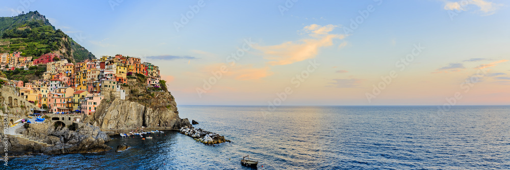 Amazing sunset view in Manarola one of the five villages of the Cinque Terre on Italy mediterranean coast