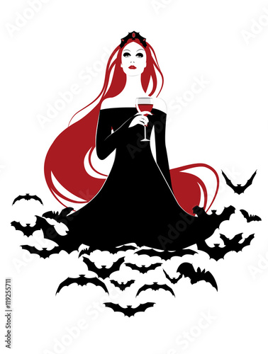 Beautiful vampire queen on a cloud of bats holding a wineglass