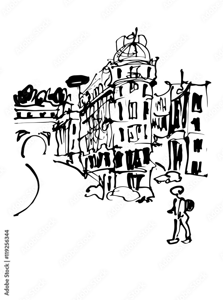 black and white sketch hand drawing of Rome Italy famous citysca